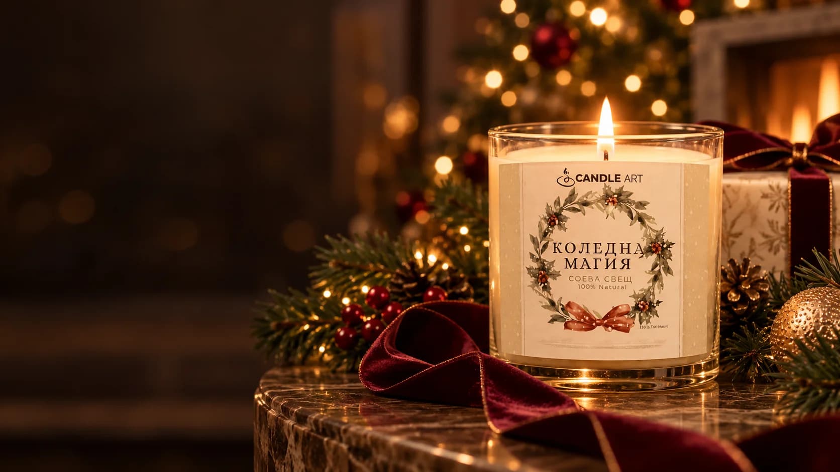 Коледна свещ CandleArt до елха, с бордо панделка и подарък